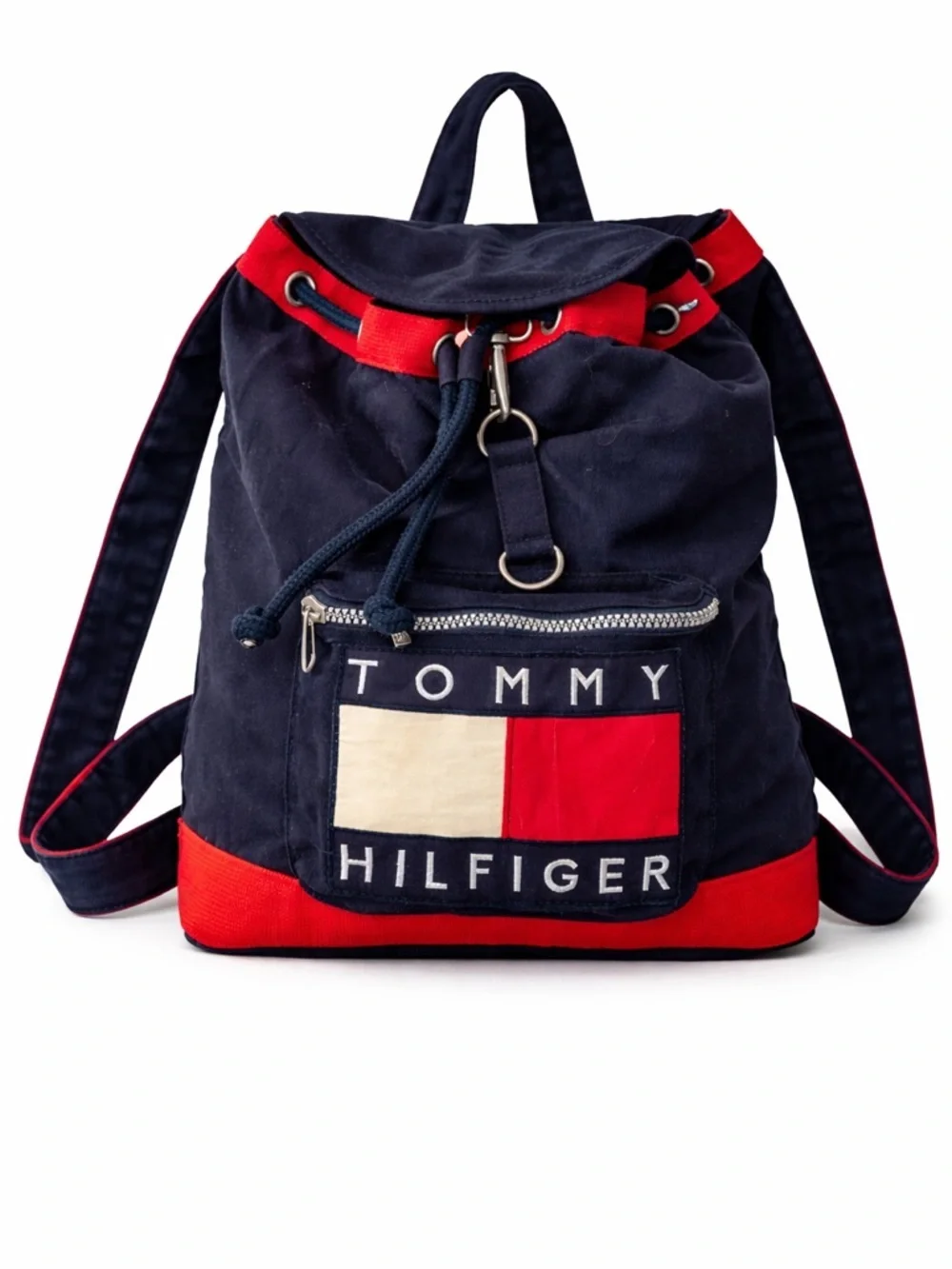 Vintage Y2K Tommy Hilfiger Logo Drawstring Backpack Navy Red Bookbag